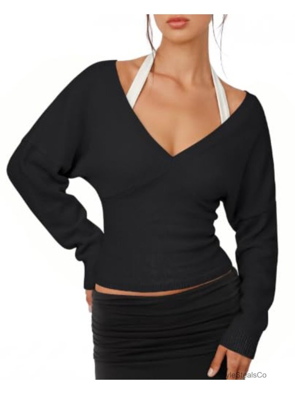 Deep V Neck Wrap Pullover Sweater Long Sleeve Crop Top Batwing